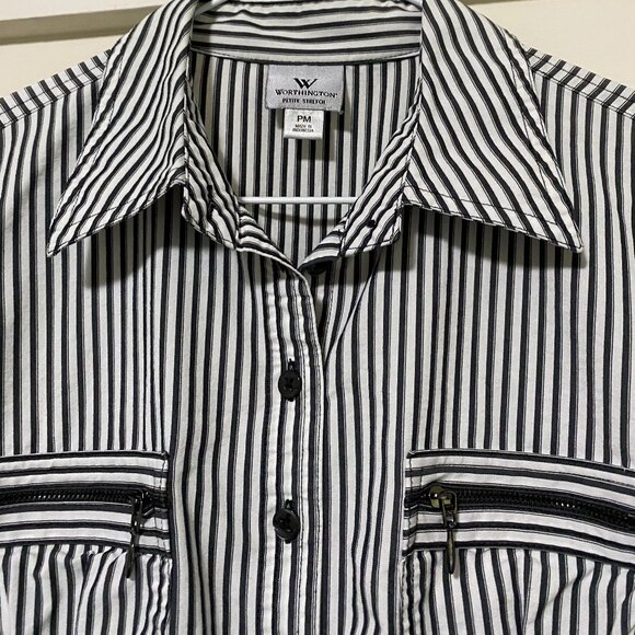 Worthington, black & white stripe, 3/4 sleeve, button-down blouse, size PM - Picture 2 of 10